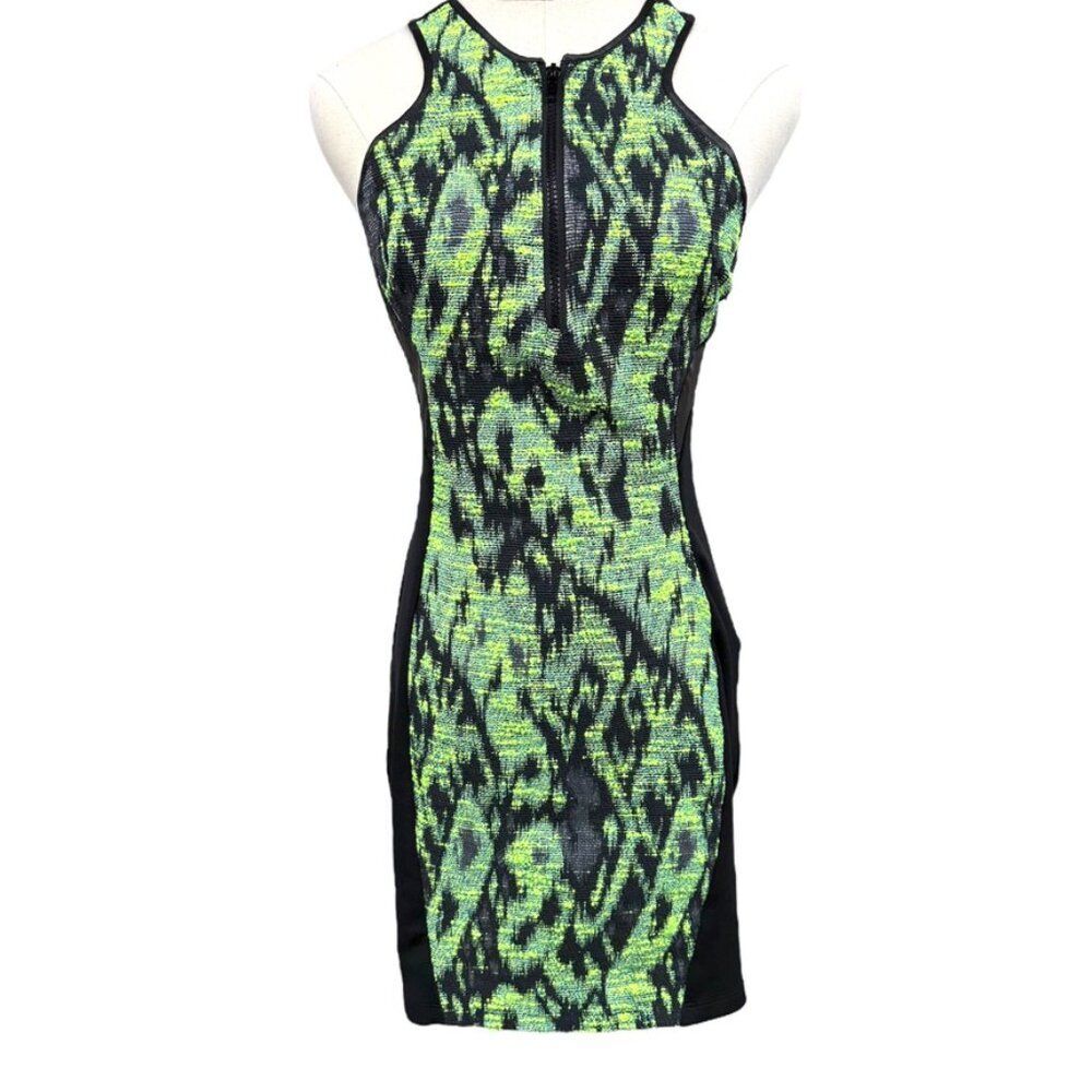 ASTR Black and Neon Green Tweed Zip-Up Mini Dress with Faux Leather Detail sz M